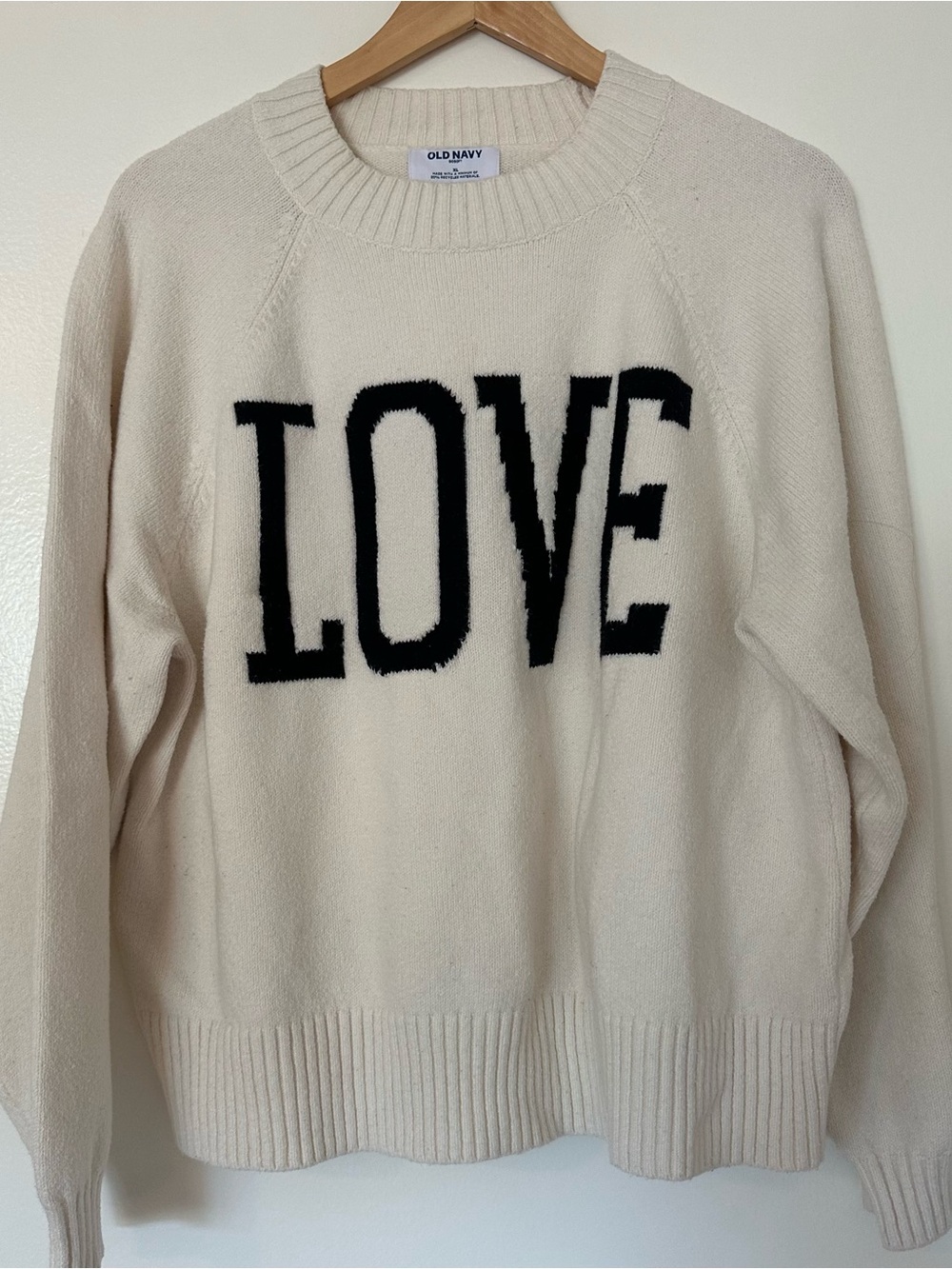 Old Navy Cream Crewneck Sweater with Black LOVE Graphic